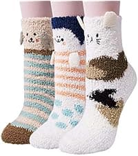 Loritta 3 Pairs Womens Fuzzy Socks Winter Warm Fluffy Soft Slipper Home Sleeping Cute Animal Socks