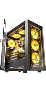 MUSETEX ATX PC Case Pre-Install 6 PWM ARGB Fans, Polygonal Mesh Computer Gaming Case, Opening Tempered Glass Side Panel Mid-Tower Case, USB 3.0 x 2, Black, NN8
