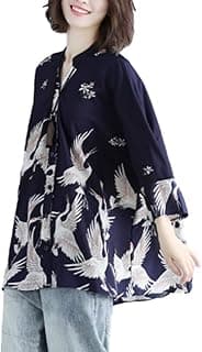 GK-O Women Japanese Style Crane Print Long Sleeve Chiffon Shirt Loose Fit Blouse