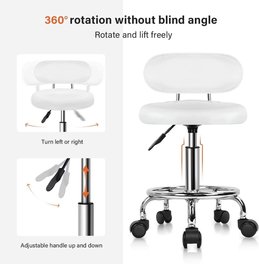 KKTONER PU Leather Modern Rolling Stool with Low Back Height Adjustable Work Salon Drafting Swivel Task Chair with Footrest (White)