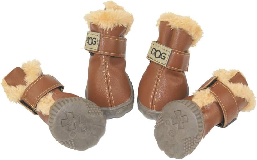 Winter Dog Boots & Paw Protectors: Outdoor Anti-Slip Dog Snow Shoes, Dog Booties Provide Warmth to Dogs Paws from Ice and Snow, Rubber Sole PU Leather Faux Fleece-Lined, Light Brown Dog Shoes Size 8