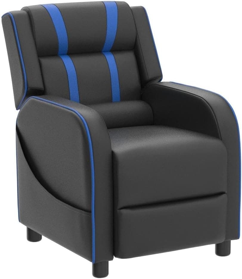 Costzon Kids Recliner, Gaming Recliner Chair w/Side Pockets, Footrest, Headrest & Lumbar Support for Kids Room & Play Room, Adjustable Racing Style Leather Sofa for Children Boys Girls (Blue, Black)