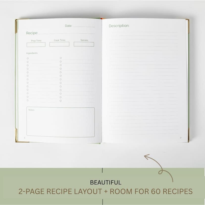 Blank Recipe Notebook | Small Blank Recipe Book to Write in Your Own Recipes | Artisan Hardcover Journal for 60 Recipes | 8.4” x 6” Leather Sage Green & Gold Hardcover | Tabs, Stickers, Pocket & Bookmarks B0D9KZP8TG