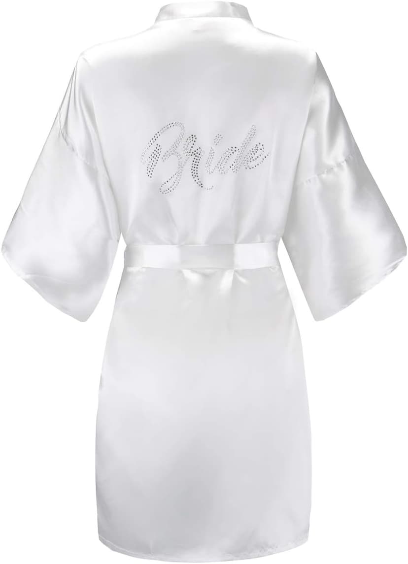 EPLAZA Women's One Size Silver Rhinestones Bride Bridesmaid Short Satin Robes for Wedding Party Getting Ready