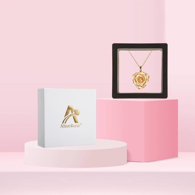 AliveRose Real Rose Gold Dipped Necklace Gifts for Women, 24K Gold Dipped Rose Pendant Necklace Jewelry Mothers Day Anniversaries Birthday Christmas Special Occasions Gifts for Her Mom Wife