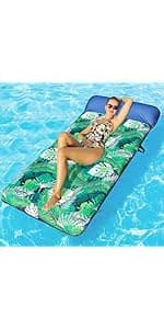 FindUWill Oversized Pool Float Lounge, 72" X 37" Extra Large Fabric-Covered Pool Floats for Adults, Inflatable Contour Lounger with Headrest Ultra-Comfort Cooling Pool Raft (XL, Monstera)