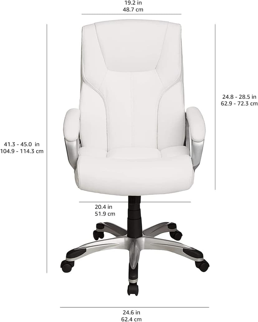 Amazon Basics Executive High Back Office Desk Chair, Adjustable Height, Tilt, Swivel, 275lb Capacity, Bonded Leather, White/Pewter
