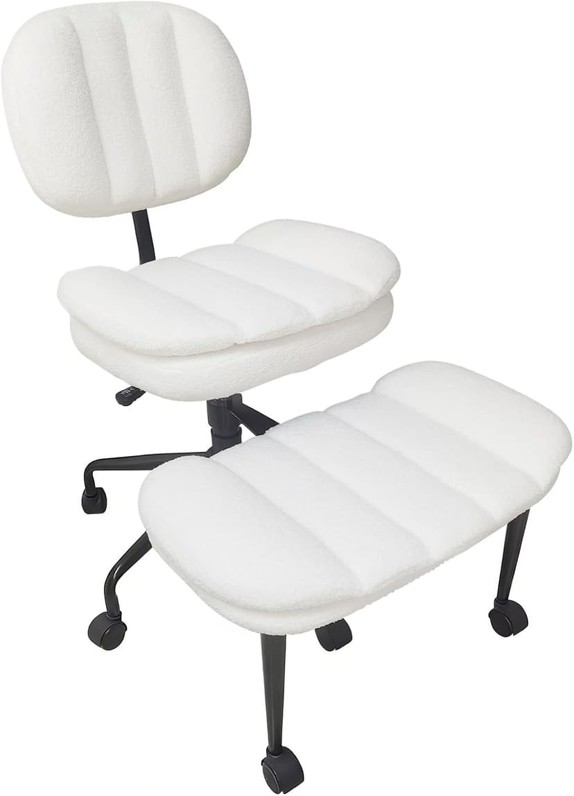Criss Cross Chair with Footrest, 360° Swivel Faux Shearling Office Chair, Extra Wide Seat with Sofa-Like Comfort, Ergonomic Cross Legged Desk Chair for Cozy Reading, Meditation