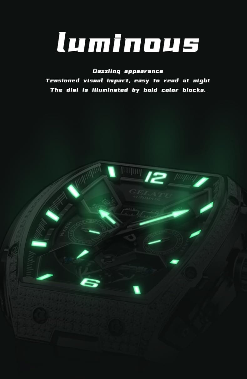 OLEVS GELATU Watch for Men Mechanical Luxury Diamond Watch Skeleton Automatic 50M Waterproof Sapphire Crystal Square Face Multi Calendar Function