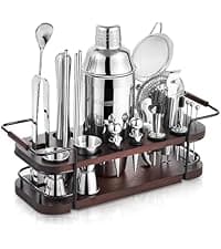 KITESSENSU Cocktail Shaker Set Bartender Kit with Stand | Bar Set Drink Mixer Set with All Essential Accessory Tools: Martini Shaker, Jigger, Strainer, Mixer Spoon, Muddler, Liquor Pourers |Silver B08BYJ8KSR