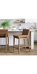 Nathan James Gracie Modern Counter Height Bar Stool with Back, Counter Stool Upholstered Chair with PU Leather and Brushed Wooden Legs, Light Brown, Set of 4