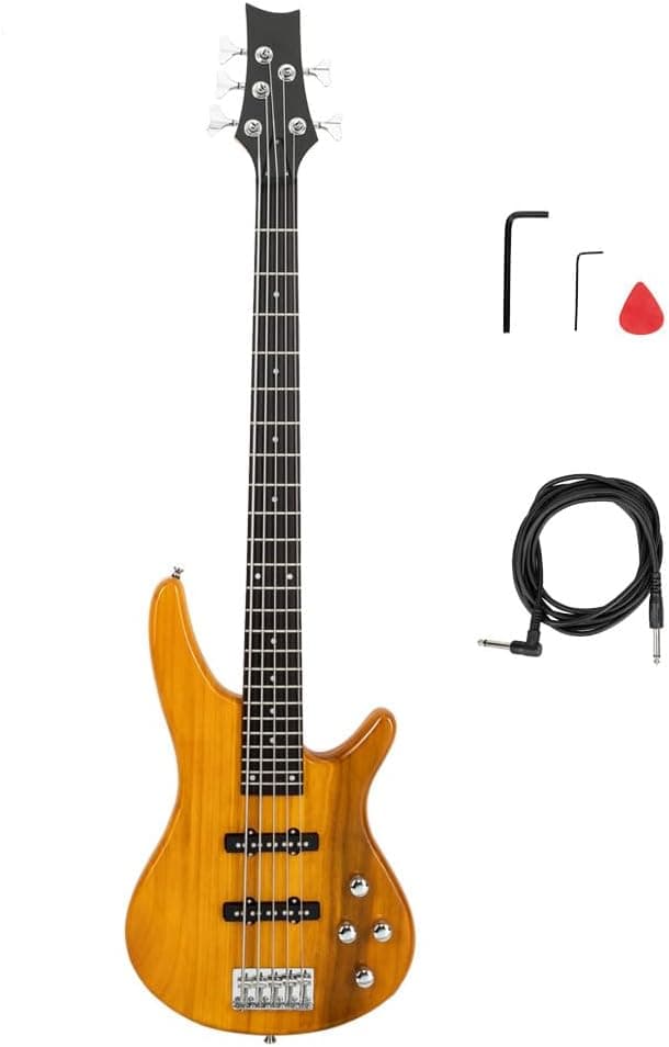 Ktaxon 5 String Electric Bass Guitar, Full Size Standard Right Handed Rosewood Fretboard Bass Kit with Gig Bag Strap Cable Wrench Tool (Yellow)