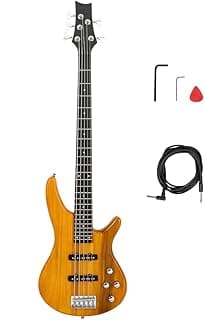 Ktaxon 5 String Electric Bass Guitar, Full Size Standard Right Handed Rosewood Fretboard Bass Kit with Gig Bag Strap Cable Wrench Tool (Yellow)