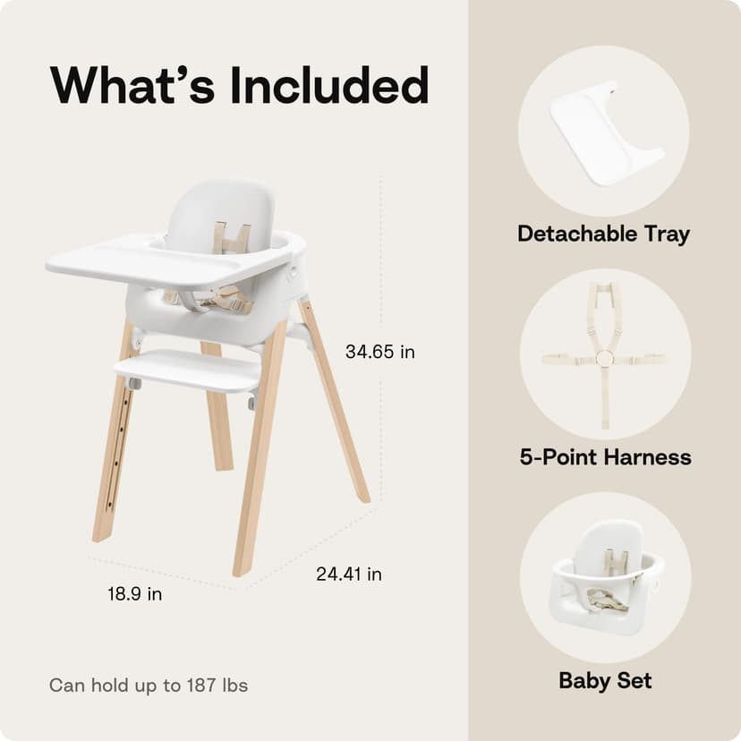 Stokke Steps High Chair for Babies & Children from 6 Months to 10 Years – 2-in-1 Adjustable & Ergonomic Design – Removable Baby Set, Tray & Safety Harness – 18.9 x 24.4 x 34.7 – White/Natural
