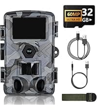 Trail Camera, 60MP Hunting Camera with WiFi, 32GB TF Card, Night Vision, Motion Activated, IP66 Waterproof, 120°Wide-Angle for Deer Scouting or Home Security, APP Control, H.264 MP4 Video