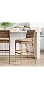 Nathan James Gracie Modern Counter Height Bar Stool with Back, Counter Stool Upholstered Chair with PU Leather and Brushed Wooden Legs, Light Brown, Set of 4