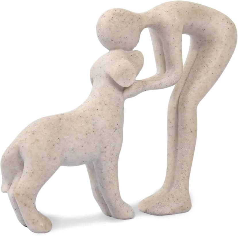 abstract sculpture celebrating the bond between person and pet. Intimate head-to-head Touching memory keepsake for dog lovers Abstract Person and Dog Head-to-Head Figurine Sandstone B0D9JVYT9V