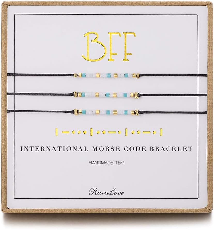 RareLove 3 Pieces BFF Friendship Morse Code Bracelet Birthday Best Friends Gift For 3 Women Blue White Tiny Pony Seed Beads Black String Bracelets