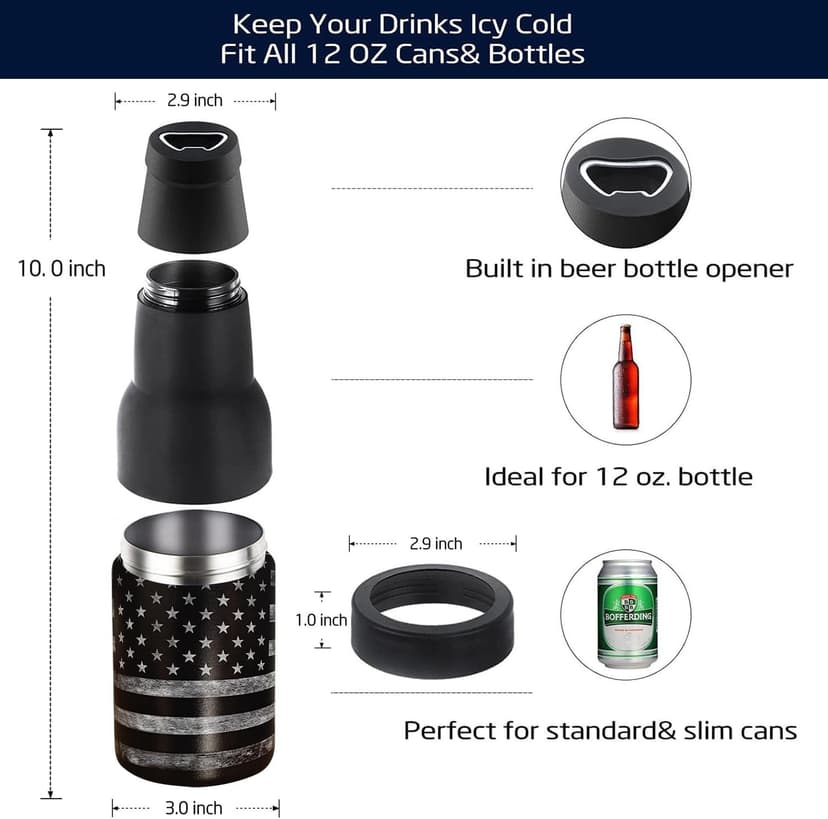 Stepstall Can Cooler Beer Bottle Holder with Beer Opener, 4-in-1 Design Slim Can Beer Bottle Insulators, Double Walled Stainless Steel Insulated, 12 OZ Beer Gifts for Men Father(Black American Flag)