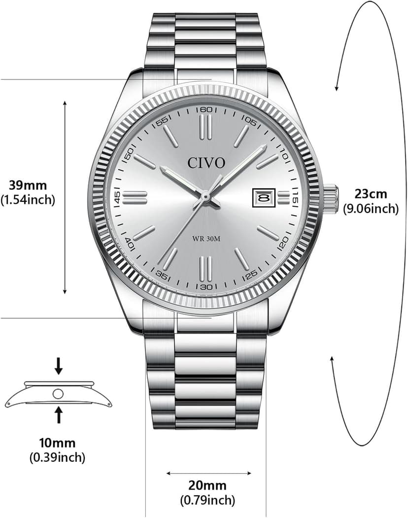 CIVO Analog Mens Watches Silver: Wrist Watches with Date Easy to Read - Dress Stainless Steel Watch for Men Gifts for Husband Father at Birthday Anniversary