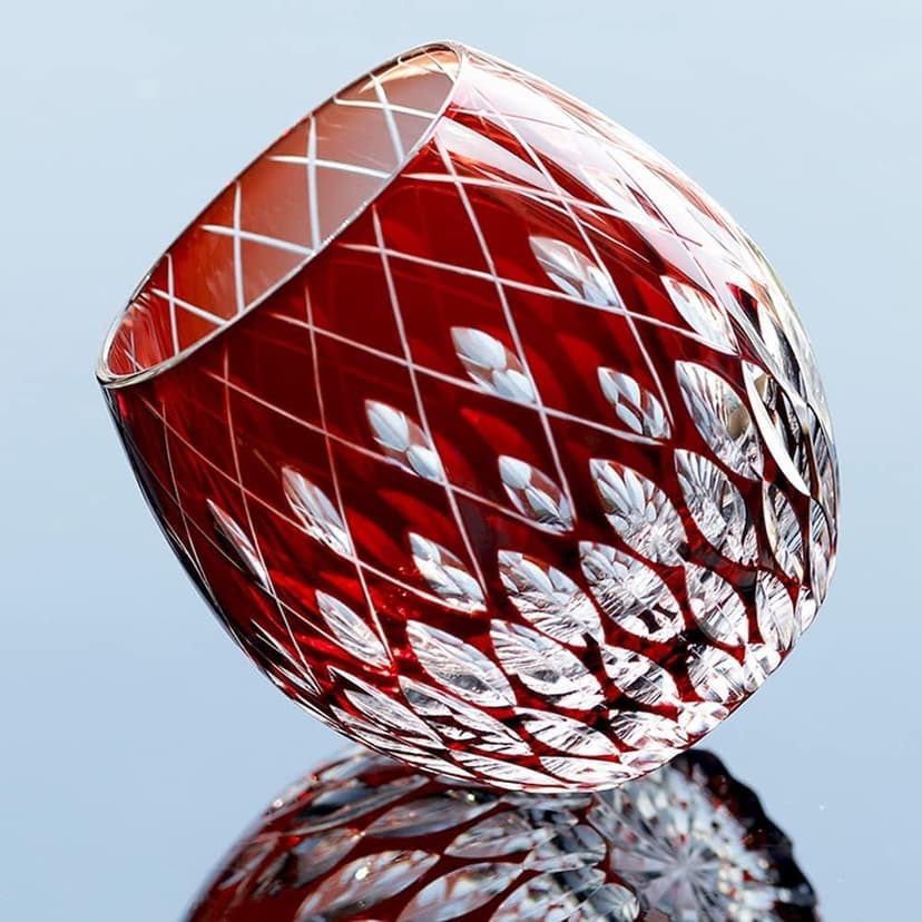 EDO Kiriko Whiskey Glasses Japanese Style 11OZ Unique Shape Colored Hand Carved Glass Tumbler for Bourbon Lovers - Style Glassware for Rum - Rocks Glass in Gift Box (Red)