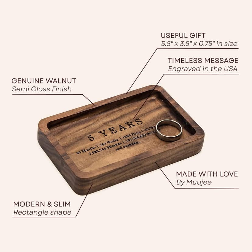 MUUJEE Ring Dish - Engraved Rectangle Wood Tray Small Jewelry Dish 5 Year Wedding Anniv Gifts Ideas (Small - 5.5 x 3.5 inches)