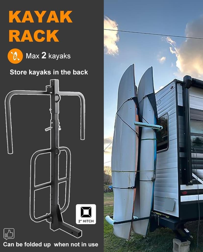 Upgraded RV Hitch Mount Kayak Rack Height Adjustable Vertical Kayak Carrier for RV, Truck, SUV Holds 2 Kayaks up to 12' & 150LBS & 2'' Hitch Receiver