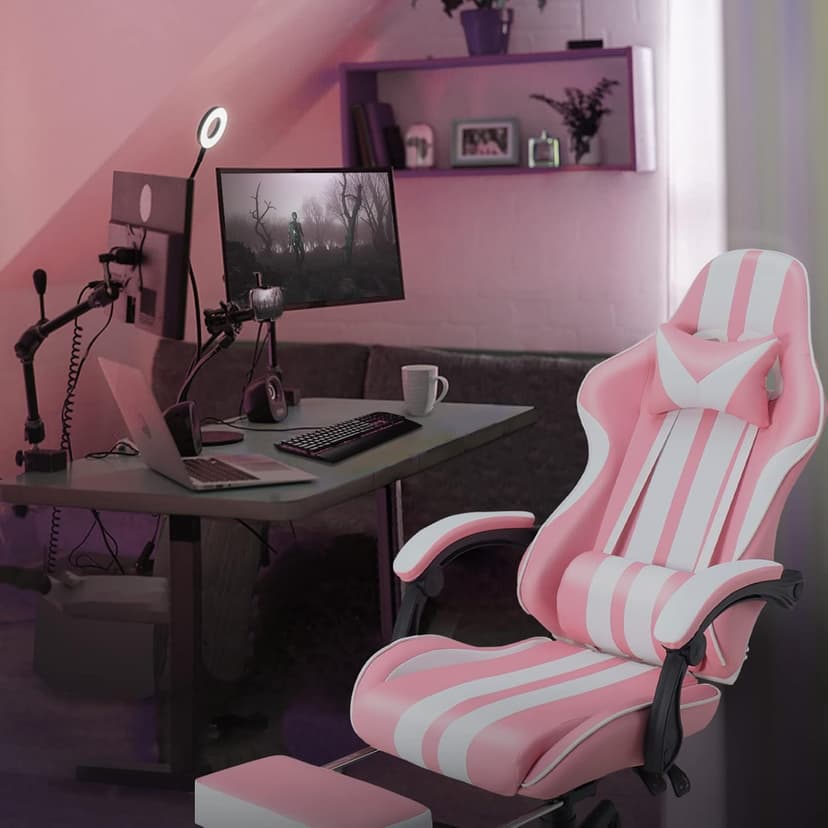 Ferghana Gaming Chairs with Footrest,Computer Game Chair,Massage Gaming Chairs,Christmas,Xmas Gift,PC Gaming Chairs for Adults Teens for Gaming Live Streaming Room(Pink,Racing Version)