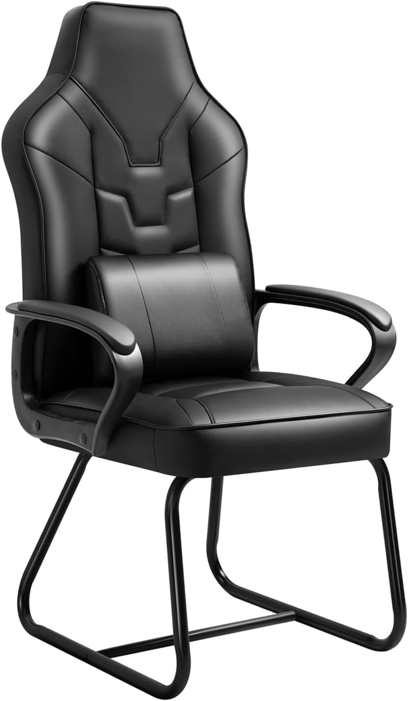 Leather Office Guest Chair No Wheels High Back Computer Reception Chairs with Padded Arms Waist Pillow for Gaming Meeting Conference Waiting Room, Black