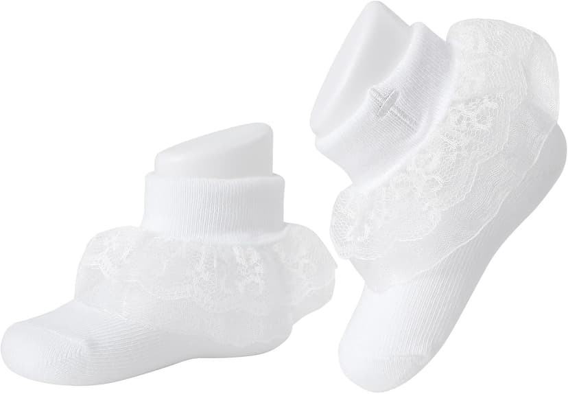 Baptism Socks for Baby Girls - White Newborn Christening Socks With Cross & Eyelet Frilly Lace