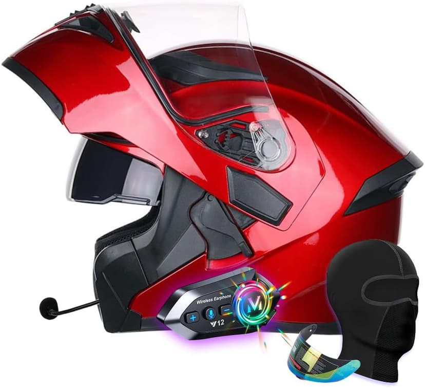 Bluetooth Motorcycle Helmets DOT Approved, Flip-Up Full Face Modular Helmet with Dual Visors, Noise Cancelling Dual Speakers for Adults