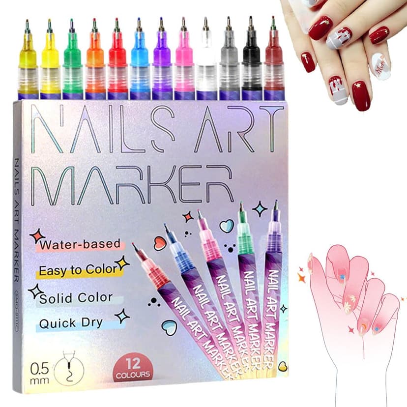 Nail Art Pens Set 12 Colors Nail Art Markers,2025 Nail Polish Pens Drawing Painting Pen for Home Salon,Quickly Dry Nail Art Nail DIY Decoration for Adult Kids (12-Colors)