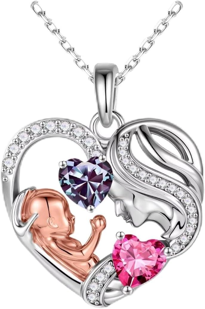 Iefil Christmas Gifts for Mom - 925 Sterling Silver Double Birthstone Necklace, First Mothers Day Gifts for New Mom Jewelry