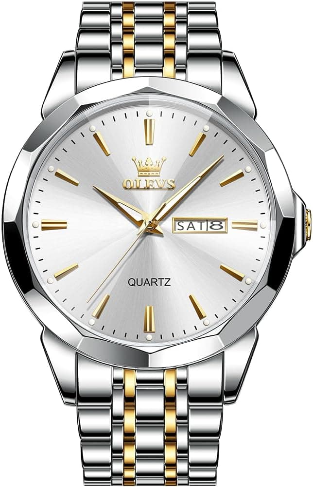 OLEVS Watch for Men Diamond Business Dress Analog Quartz Stainless Steel Waterproof Luminous Date Two Tone Luxury Casual Wrist Watch Blue