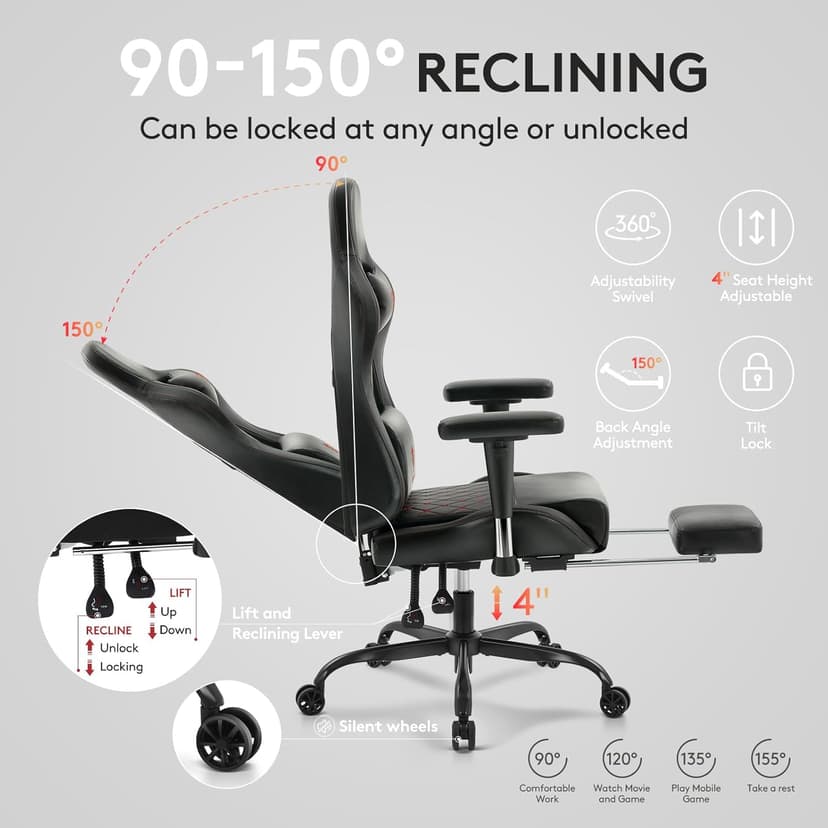 Gaming Chair,Computer Office Chair with Footrest,Massage Lumbar Support and Gel Pad,Ergonomic Reclining Leather Gamer Chair with Headrest,Adjustable Armrests and Spring Cushion Black Red