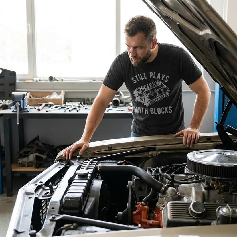 Funny T Shirts, Graphic Shirts for Men, Cool Mechanic Short Sleeve, Sarcastic, Soft Cotton Blend, Novelty Tees for Guys Still Plays with Blocks Car Mechanic Racing Garage Mens T Shirts B08TCHQQLM