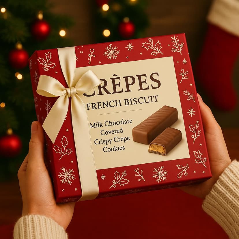 Luxury Crepes French Biscuit Gift Box, Milk Chocolate Covered Crispy Crepe Cookies – European Gourmet Chocolate Biscuits in Elegant Gift Packaging, 19.36 oz – Holiday Treat & Christmas Gift Box.Package May Vary