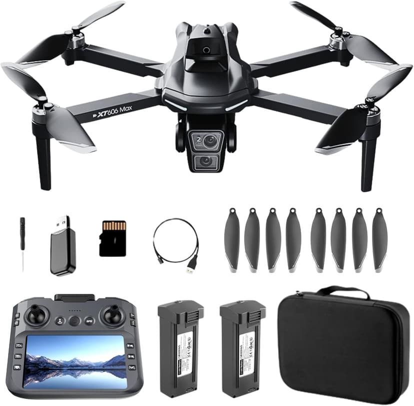 GPS Drone with HD Dual Camera, Brushless Motor & 5 Inch Screen Remote, EIS Anti-Shake Gimbal, Obstacle Avoidance & Optical Flow Positioning, under 250g Lightweight XT606 FPV Drone for Beginners Adults