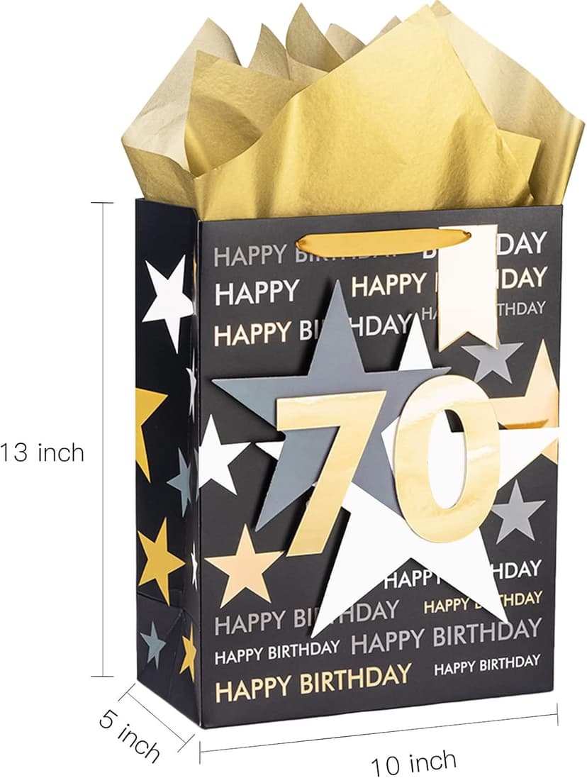 Loveinside Birthday Gift Bag with Tissue Paper and Greeting Card for 70 Birthday - 10" x 5" x 13", 1 Pcs, Black Gold