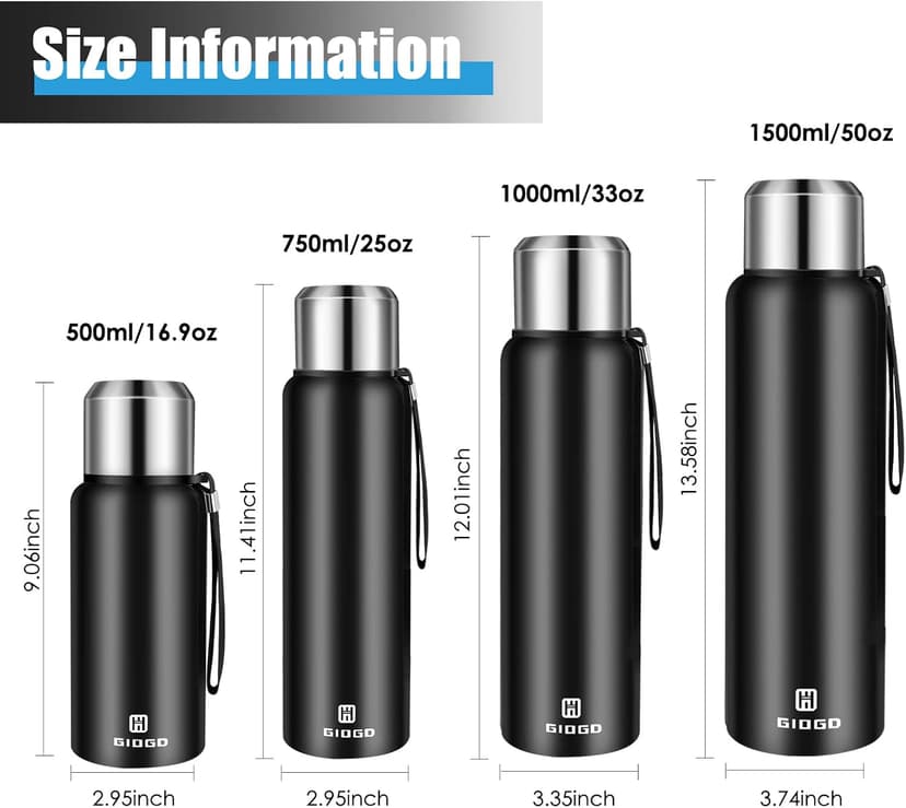 Insulated vacuum Thermo Bottle 500ml/16.9oz with cup Stainless steel coffee bottles for hot and cold drink water flask.(Black,500ml)