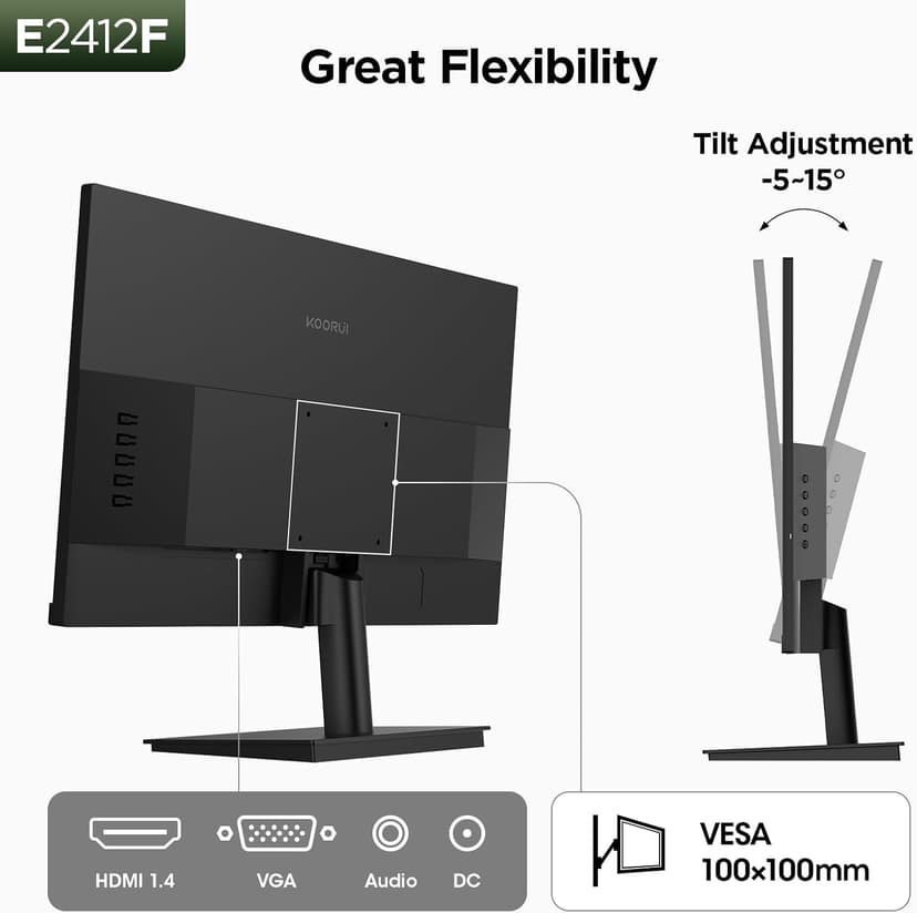 KOORUI 24-inch Computer Monitor Full HD 1920 x 1080p 100Hz VA Display 4000:1 Contrast Ratio with HDMI VGA, TÜV Rheinland Certified, 100 x 100 mm VESA Mountable, Ultra-Slim Design, Tilt, Black, E2412F