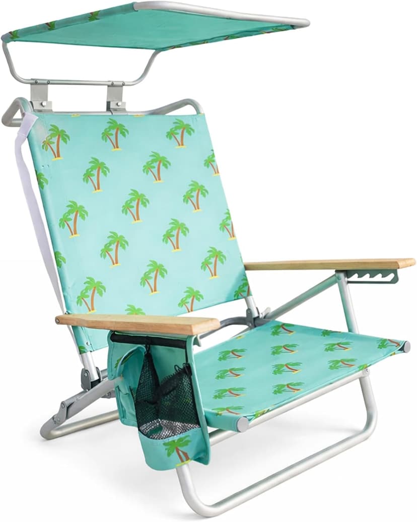 Bliss Hammocks Folding Beach Chair Recliner with Canopy Shade, Palm Tree