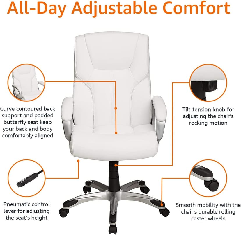 Amazon Basics Executive High Back Office Desk Chair, Adjustable Height, Tilt, Swivel, 275lb Capacity, Bonded Leather, White/Pewter