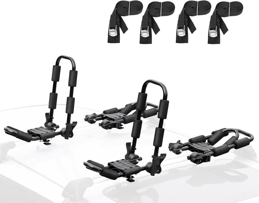 Leader Accessories Folding Kayak Rack 4 PCS/Set J Bar Car Roof Rack for Canoe Surf Board SUP On Roof Top Mount on SUV, Car and Truck Crossbar with 4 pcs Tie Down Straps
