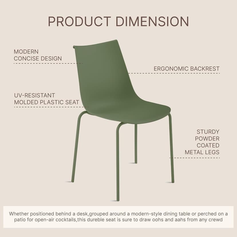 KISLOT Dining Chairs Set of 4, Plastic Outdoor Dining Room Chairs with Metal Legs, PP Anti-UV Stackable Patio Chairs with Ergonomic Back & Curved Seat for Kitchen Swimming Pool, Easy Assembly, Green