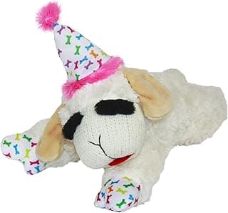 Soft Plush Dog Toy, Stuffed Animal Dog Toy For Playing, Cute Birthday Toy 10.5”, Pink Hat, 5 Squeakers Multipet Lamb Chop Dog Plush Toy with Birthday Hat - Squeaky Dog Toy B0BKH23JXC