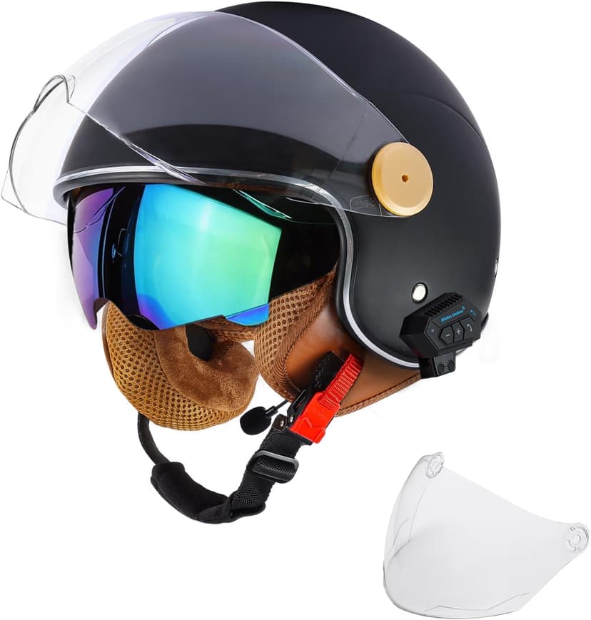 Retro Bluetooth 3/4 Open Face Motorcycle Half Helmet for Men Women - Dual Visors DOT Approved Lightweight Vintage Motorbike Helmet for Scooter Moped ATV Street Dirt Bike Commuting
