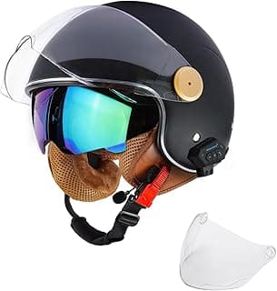 Retro Bluetooth 3/4 Open Face Motorcycle Half Helmet for Men Women - Dual Visors DOT Approved Lightweight Vintage Motorbike Helmet for Scooter Moped ATV Street Dirt Bike Commuting