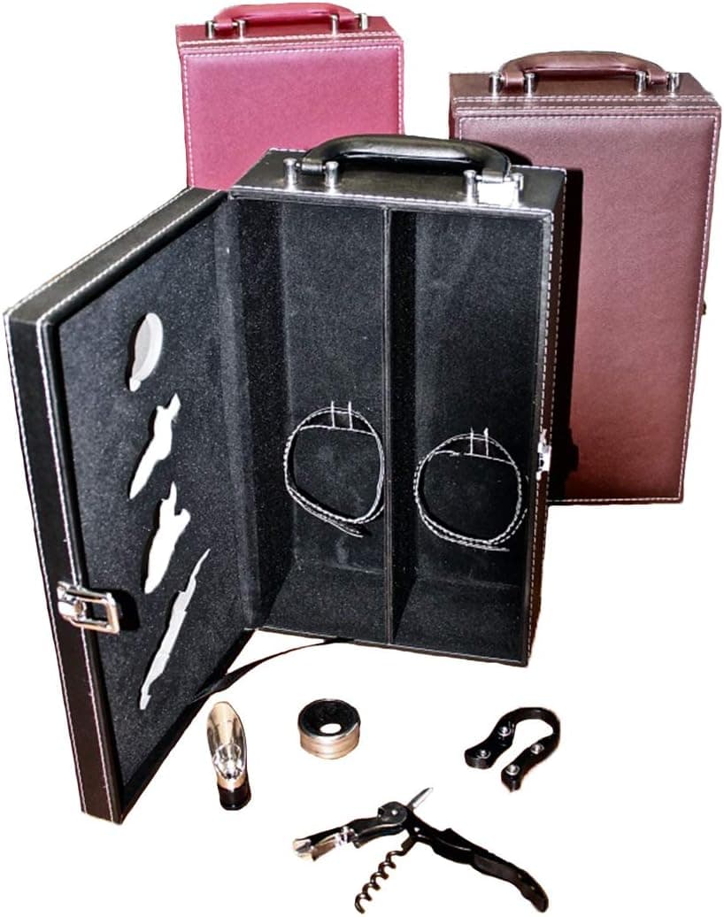 Lifestyle Top Handle Travel Two-Bottle Wine Carrier Case with 4 Piece Wine Accessory Set (Brown)