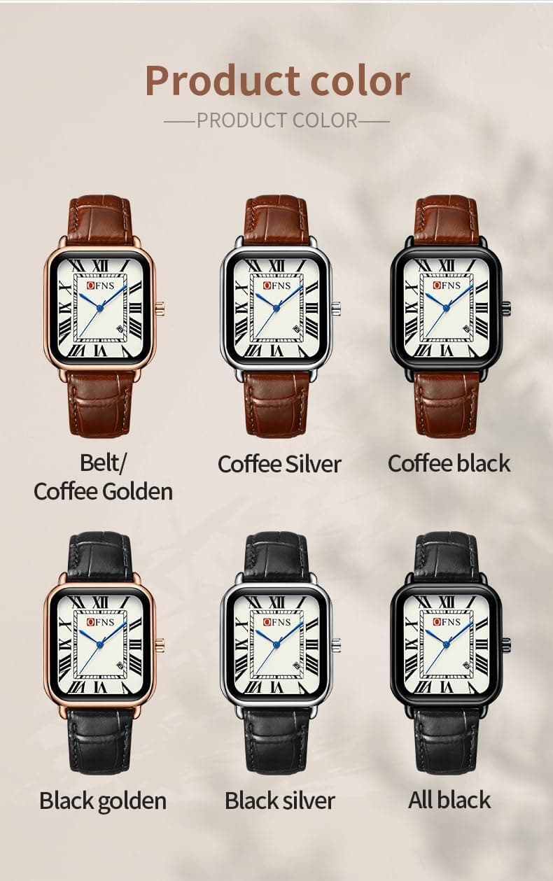 CARLIEN Mens Vintage Dainty Rectangle Square Leather Strap Simple Full Roman Numerals Dial Quartz Watch Gold Silver Tone Case Business Fashion Dress Wristwatch